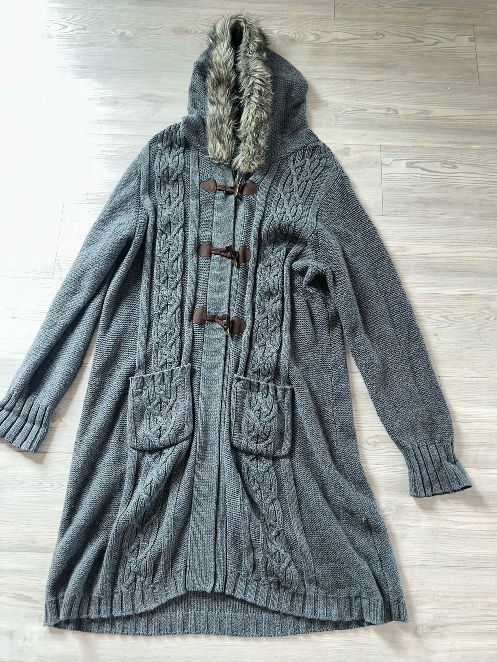 Old Navy XL Gray Knit Cotton & Rabbit Fur Blend Hooded Cardigan Winter Sweater